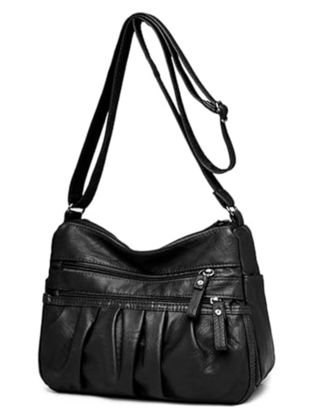 Faux Leather Ruched Shoulder Bag Multi Zip Pockets Hobo Crossbody Tote